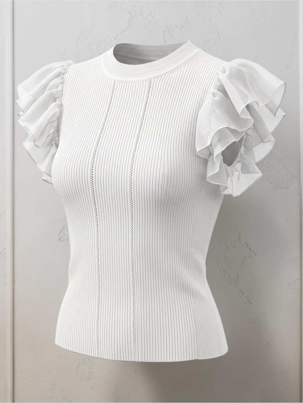 Milly White Ribbed Knit Top with Ruffle Sleeves